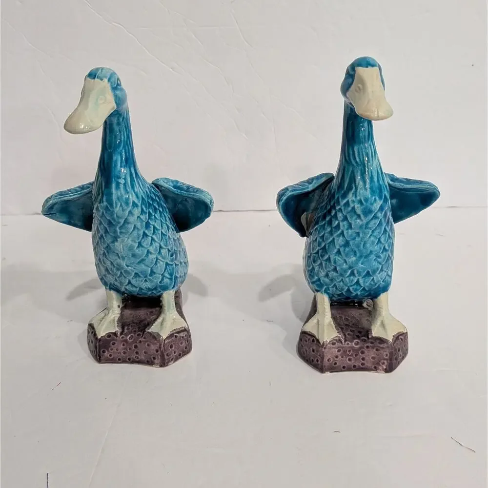 Vintage Turquoise Blue Glazed Ceramic Duck Figurines Pair Japan Chinoiserie